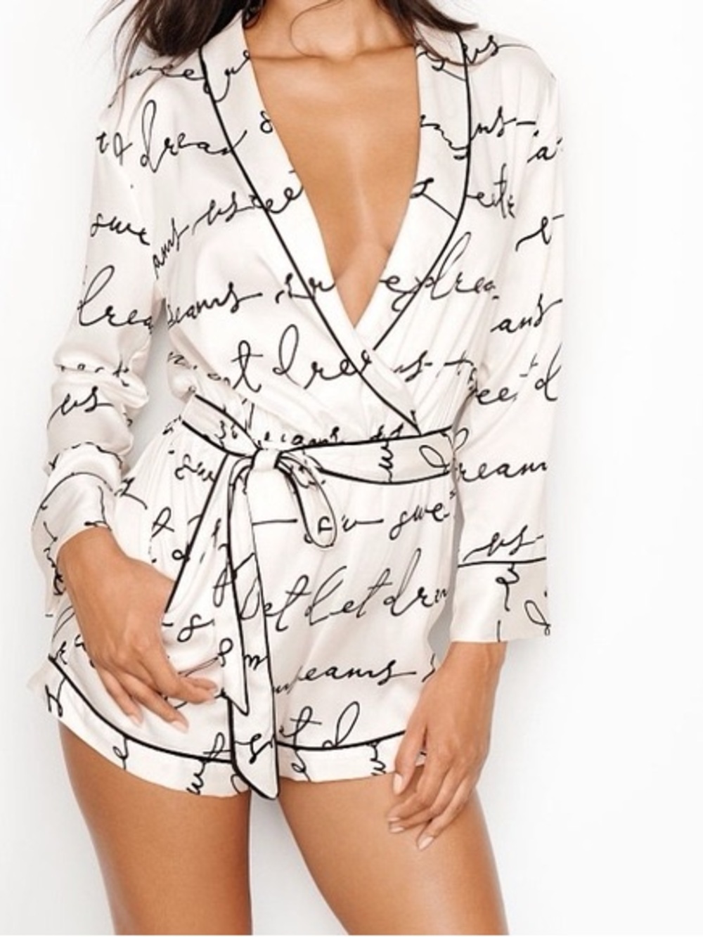 SP Victoria's Secret Satin Faux-Wrap Romper featuring a "Sweet Dreams"